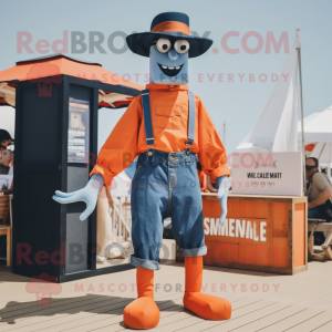 Orange Stilt Walker mascot costume character dressed with a Denim Shorts and Belts