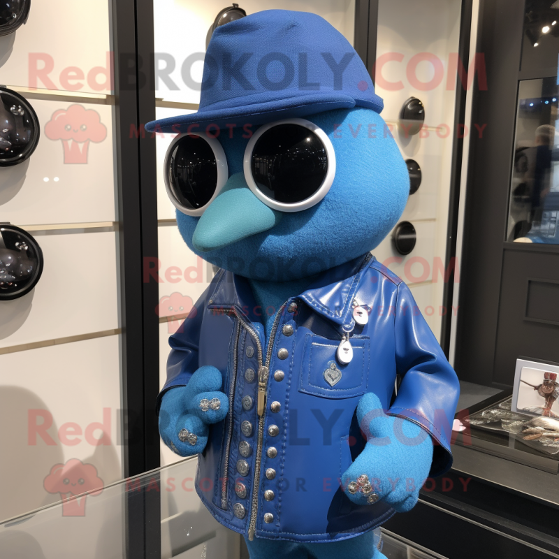 Blue Aglet mascot costume character dressed with a Leather Jacket and Cufflinks