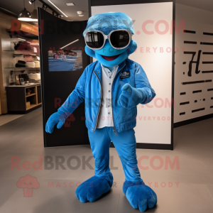 Blue Aglet mascot costume character dressed with a Leather Jacket and Cufflinks