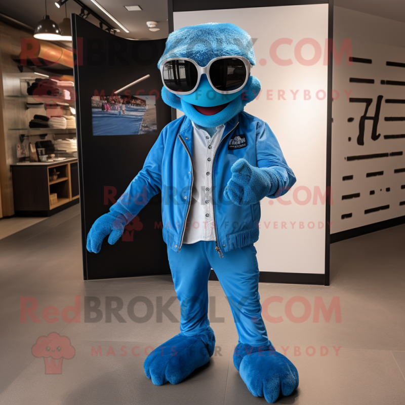Blue Aglet mascot costume character dressed with a Leather Jacket and Cufflinks Blue Aglet mascot costume character dressed with a Leather Jacket and Cufflinks