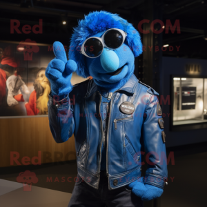 Blue Aglet mascot costume character dressed with a Leather Jacket and Cufflinks