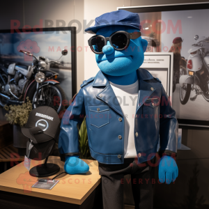 Blue Aglet mascot costume character dressed with a Leather Jacket and Cufflinks
