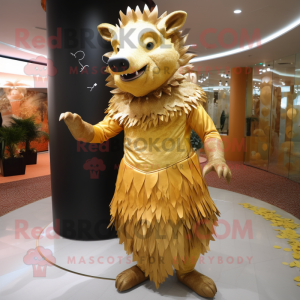 Gold Wild Boar mascot costume character dressed with a Sheath Dress and Hairpins