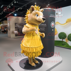 Gold Wild Boar mascot costume character dressed with a Sheath Dress and Hairpins