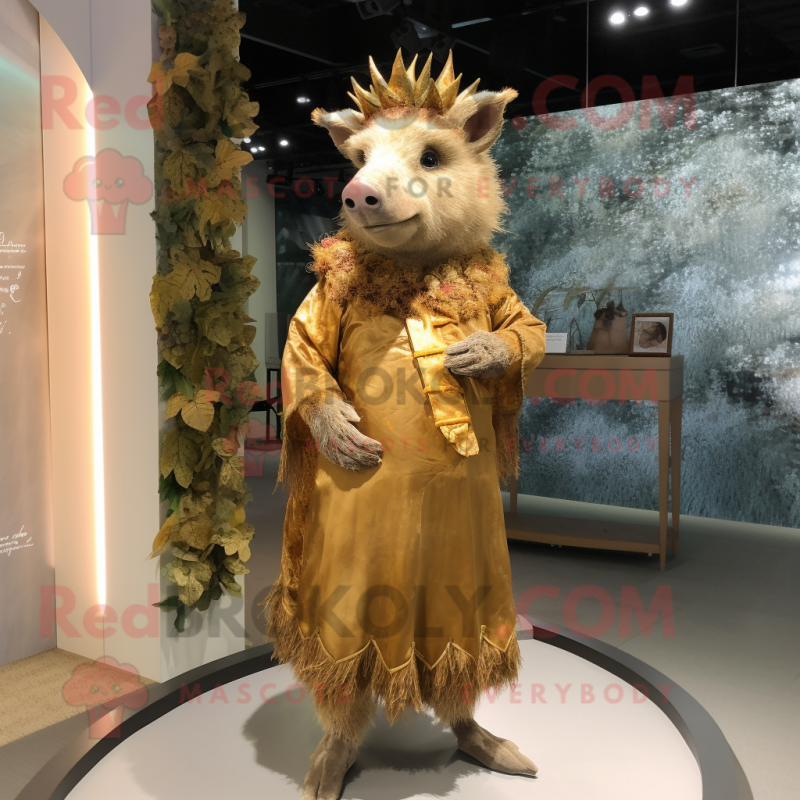 Gold Wild Boar mascot costume character dressed with a Sheath Dress and Hairpins