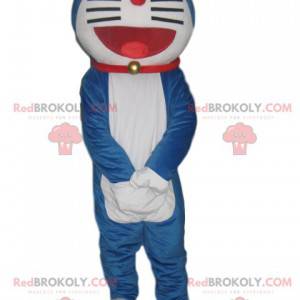 Very smiling blue and white cat mascot with a red collar -