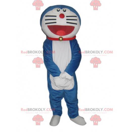 Very smiling blue and white cat mascot with a red collar -