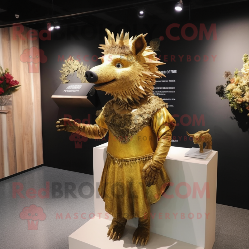 Gold Wild Boar mascot costume character dressed with a Sheath Dress and Hairpins