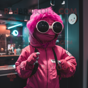 Magenta Astronaut mascot costume character dressed with a Hoodie and Eyeglasses