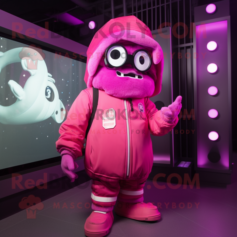 Magenta Astronaut mascot costume character dressed with a Hoodie and Eyeglasses Magenta Astronaut mascot costume character dressed with a Hoodie and Eyeglasses