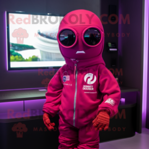 Magenta Astronaut mascot costume character dressed with a Hoodie and Eyeglasses