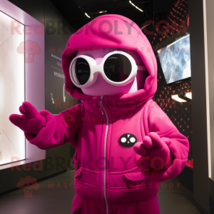 Magenta Astronaut mascot costume character dressed with a Hoodie and Eyeglasses