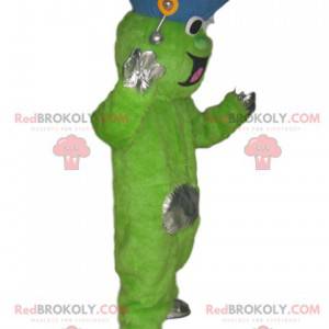 Mascotte de personnage vert fluo rigolo avec un chapeau bleu -
