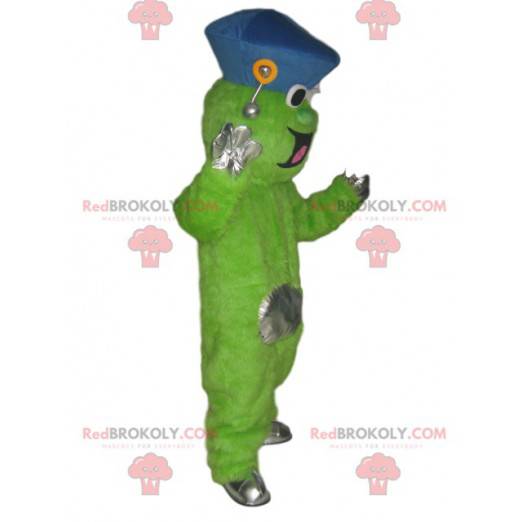 Lustiges neongrünes Charaktermaskottchen mit einem blauen Hut -