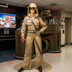 Tan Gi Joe mascot costume character dressed with a A-Line Dress and Scarves