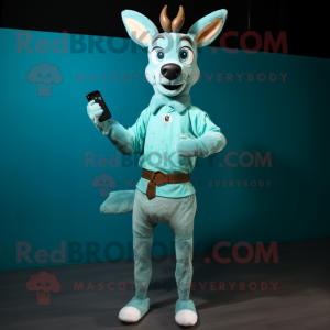 Cyan Roe Deer mascot costume character dressed with a Corduroy Pants and Smartwatches