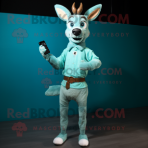 Cyan Roe Deer mascot costume character dressed with a Corduroy Pants and Smartwatches