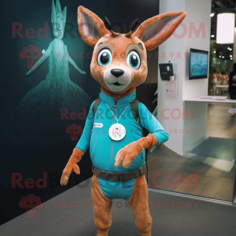 Cyan Roe Deer mascot costume character dressed with a Corduroy Pants and Smartwatches