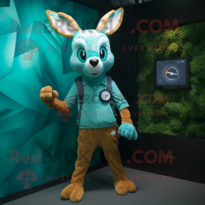 Cyan Roe Deer mascot costume character dressed with a Corduroy Pants and Smartwatches