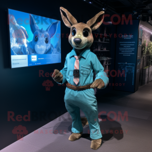 Cyan Roe Deer mascot costume character dressed with a Corduroy Pants and Smartwatches