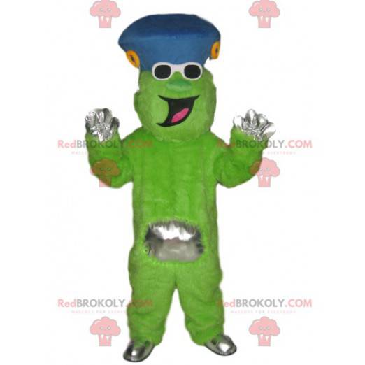Funny neon green character mascot with a blue hat -
