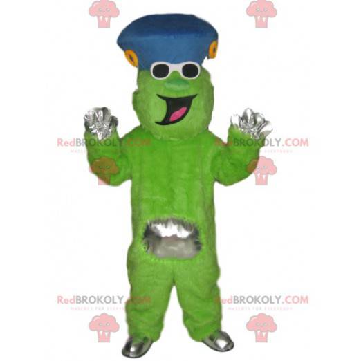 Mascotte de personnage vert fluo rigolo avec un chapeau bleu -