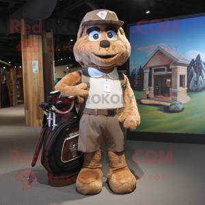 Brown Golf Bag mascot costume character dressed with a T-Shirt and Suspenders