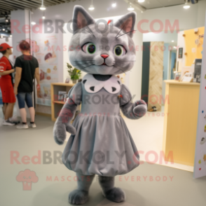 Gray Cat mascot costume character dressed with a Midi Dress and Cummerbunds