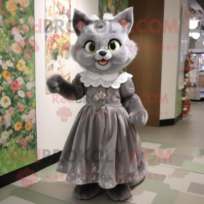 Gray Cat mascot costume character dressed with a Midi Dress and Cummerbunds