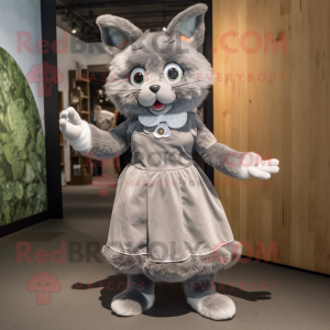 Gray Cat mascot costume character dressed with a Midi Dress and Cummerbunds