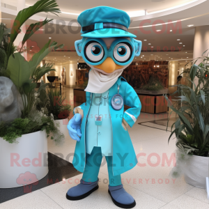 Turquoise Doctor mascot costume character dressed with a Blouse and Hats