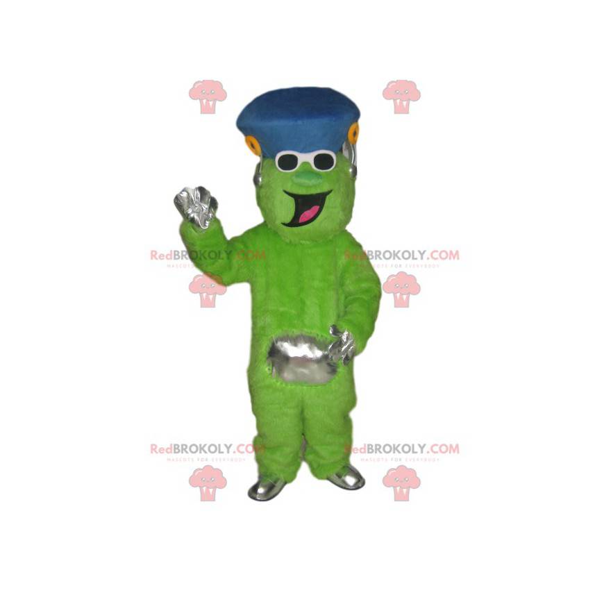 Grappige neon groene karakter mascotte met een blauwe hoed -