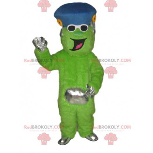 Funny neon green character mascot with a blue hat -