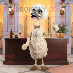 Beige Ostrich mascot costume character dressed with a Cocktail Dress and Pocket squares