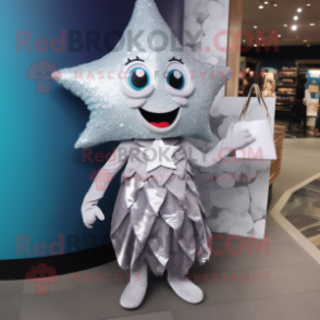 Silver Starfish mascot costume character dressed with a Cocktail Dress and Handbags