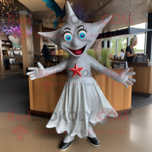 Silver Starfish mascot costume character dressed with a Cocktail Dress and Handbags