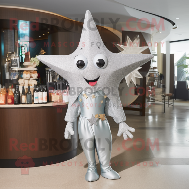 Silver Starfish mascot costume character dressed with a Cocktail Dress and Handbags