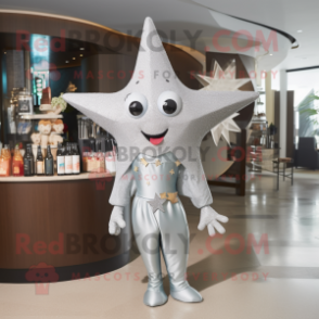 Silver Starfish mascot costume character dressed with a Cocktail Dress and Handbags