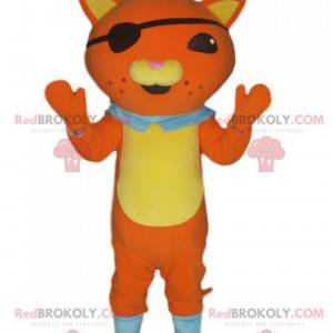 Mascote gato laranja com roupa de pirata e tapa-olho -