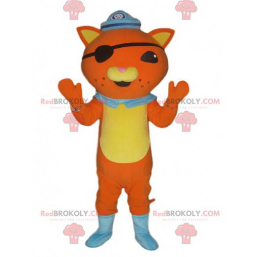 Orange cat mascot in pirate outfit with an eye patch -