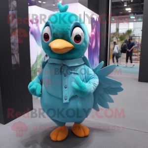 Turquoise Pigeon mascot costume character dressed with a Romper and Foot pads