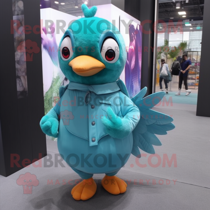 Turquoise Pigeon mascot costume character dressed with a Romper and Foot pads Turquoise Pigeon mascot costume character dressed with a Romper and Foot pads