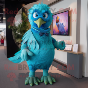 Turquoise Pigeon mascot costume character dressed with a Romper and Foot pads