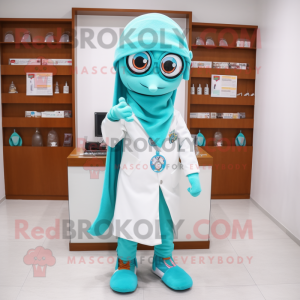 Turquoise Doctor mascot costume character dressed with a Mini Skirt and Scarf clips