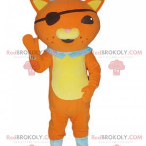 Orange cat mascot in pirate outfit with an eye patch -