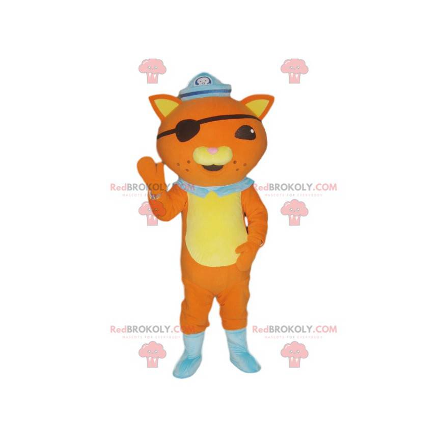 Mascote gato laranja com roupa de pirata e tapa-olho -