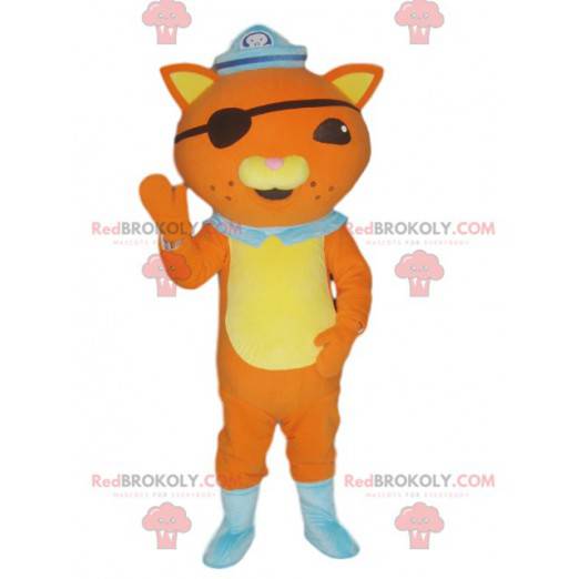 Orange cat mascot in pirate outfit with an eye patch -