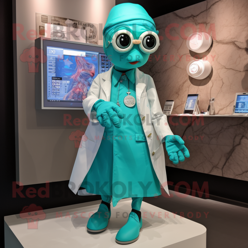 Turquoise Doctor mascot costume character dressed with a Mini Skirt and Scarf clips Turquoise Doctor mascot costume character dressed with a Mini Skirt and Scarf clips
