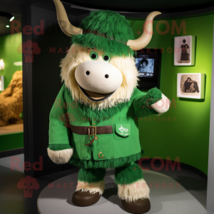 Green Yak mascot costume character dressed with a Coat and Berets