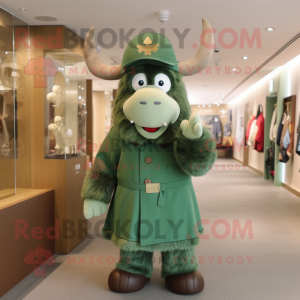 Green Yak mascot costume character dressed with a Coat and Berets